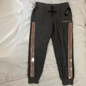 NWT BEBE Sport Charcoal Gray Rainbow Sequin Side Stripe Joggers Womens Sz XL